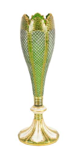 A 19TH CENTURY GREEN GLASS AND WHITE OVERLAY GILT VASE