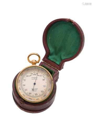 Y A LATE VICTORIAN GILT BRASS ANEROID POCKET BAROMETER WITH ...
