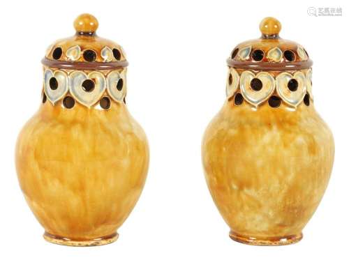 AN UNUSUAL PAIR OF EARLY 20TH CENTURY ROYAL DOULTON STONEWAR...