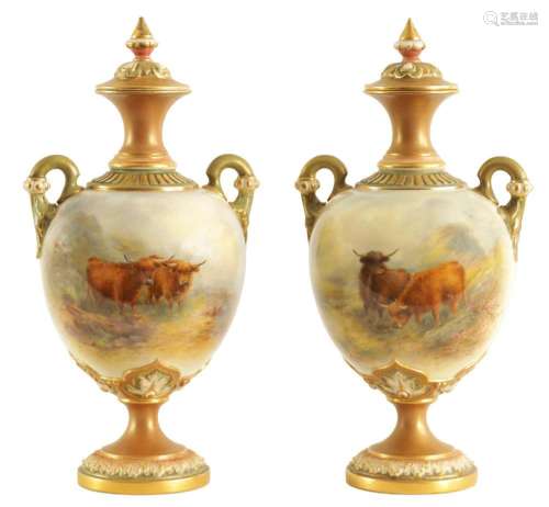 HARRY STINTON. A FINE PAIR OF ROYAL WORCESTER OVOID PEDESTAL...