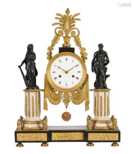 A FRENCH LOUIS XVI PATINATED BRONZE, ORMOLU AND MARBLE FIGUR...