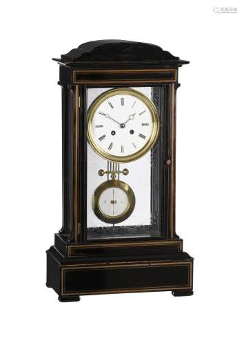 A FRENCH BRASS INLAID EBONISED FOUR-GLASS MANTEL CLOCK WITH ...