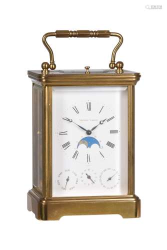 A SWISS LACQUERED BRASS CALENDAR CARRIAGE CLOCK WITH PUSH-BU...