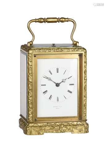 A FRENCH BRASS CARRIAGE CLOCK WITH PUSH-BUTTON REPEAT AND FO...