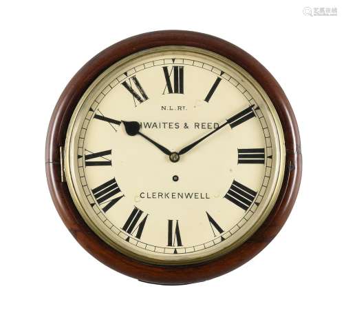 A VICTORIAN MAHOGANY FUSEE DIAL TRAIN STATION WALL TIMEPIECE