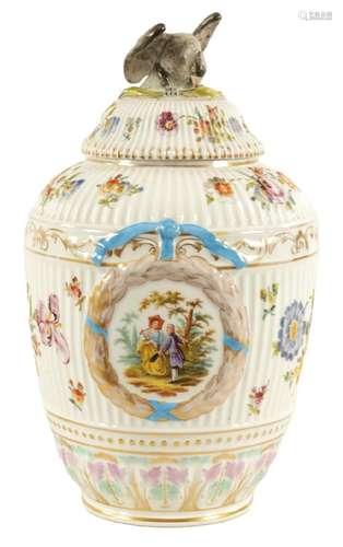 A LATE 19TH CENTURY DRESDEN LARGE VASE AND COVER IN THE MANN...