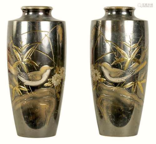 A PAIR OF JAPANESE MEIJI PERIOD SILVERED BRONZE VASES