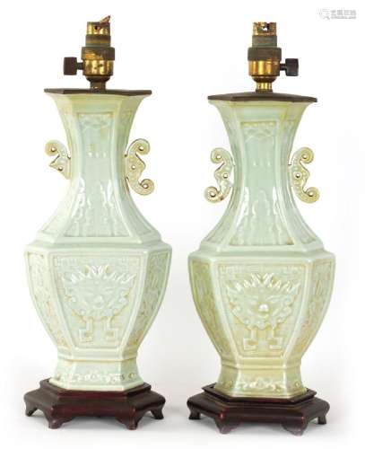 A PAIR OF CHINESE CELADON GLAZED VASE LAMPS