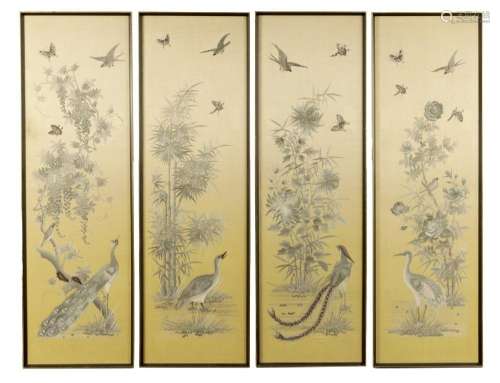 A SET OF FOUR 19TH CENTURY CHINESE EMBROIDERED SILK PANELS