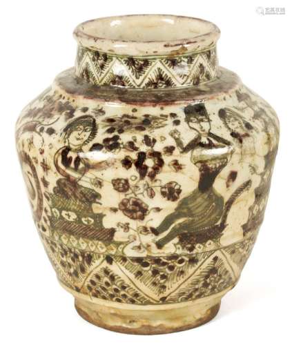 AN EARLY PERSIAN GLAZED EARTHENWARE SHOULDERED VASE