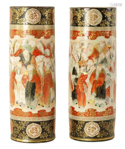 A LARGE PAIR OF MEIJI PERIOD JAPANESE CYLINDRICAL KUTANIWARE...
