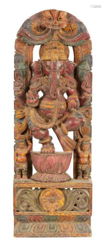 A LARGE CARVED AND PAINTED WOOD GANESHA