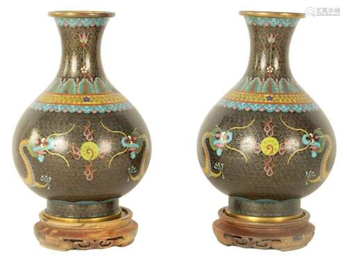 A PAIR OF CHINESE CLOISONN ENAMEL BULBOUS VASES WITH FLARED...