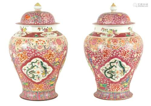 A PAIR OF 19TH CENTURY CHINESE PINK GROUND TAPERING SHOULDER...