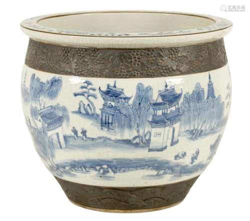 A 19TH CENTURY CHINESE CRACKLE GLAZE BLUE AND WHITE JARDINIE...
