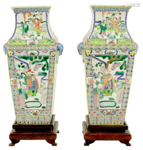 A PAIR OF CHINESE REPUBLIC FAMILLE VERTE SQUARE SECTION VASE...
