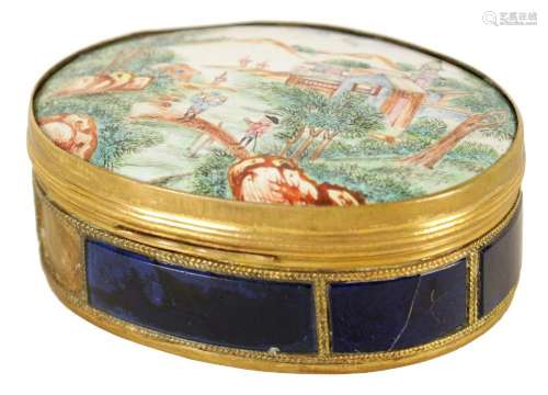 A 19TH CENTURY FRENCH BRASS CASED OVAL ENAMEL SNUFF BOX