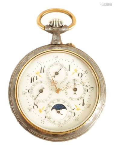 A LARGE EARLY 20TH CENTURY GUN METAL AND GILT DIAL MOON PHAS...