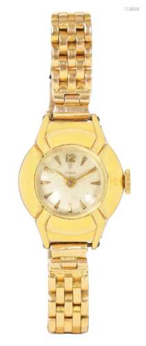 A LADIES GOLD PLATED ROLEX TUDOR WRIST WATCH ON 18CT GOLD BR...