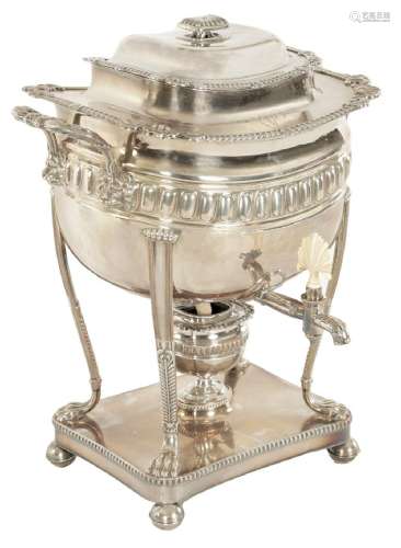 A REGENCY SILVER PLATED TWO HANDLED TEA URN