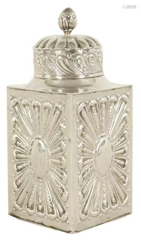 A VICTORIAN SQUARE SILVER TEA CADDY AND COVER