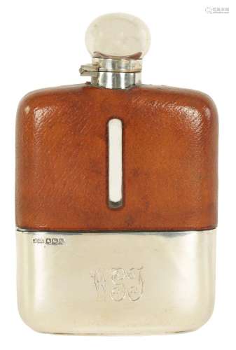 A MID 20TH CENTURY SILVER MOUNTED AND PIG SKIN HIP FLASK