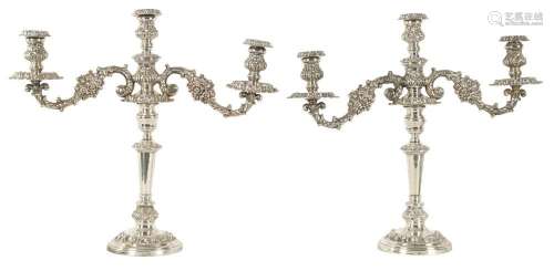 A LARGE PAIR OF GEORGE IV SHEFFIELD PLATE TWO BRANCH CANDELA...