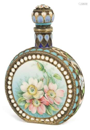 A FINE LATE 19TH CENTURY RUSSIAN SILVER ENAMEL PERFUME BOTTL...