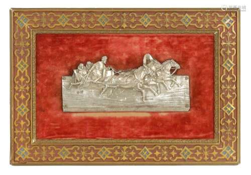 A LATE 19TH CENTURY RUSSIAN SILVER PLAQUE DEPICTING COSSACKS...