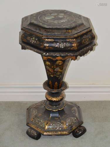A Victorian papier maché work table, the hinged octagonal to...