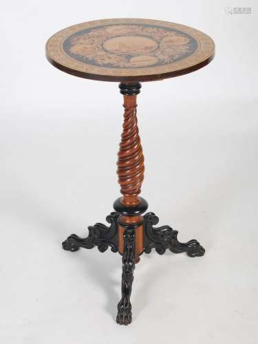 A 19th century penwork occasional table, the single birch pa...