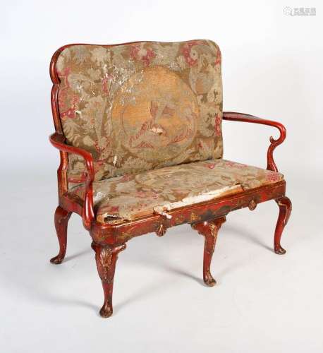 An early 20th century Queen Anne style red japanned and tape...