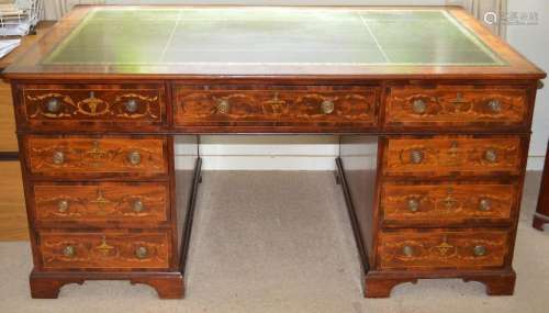 A 19th century mahogany and marquetry inlaid partners desk, ...