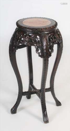 A Chinese carved darkwood and marble tall jardiniere stand, ...