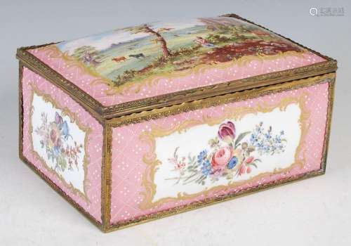 A 19th century gilt metal and enamelled casket, the hinged d...