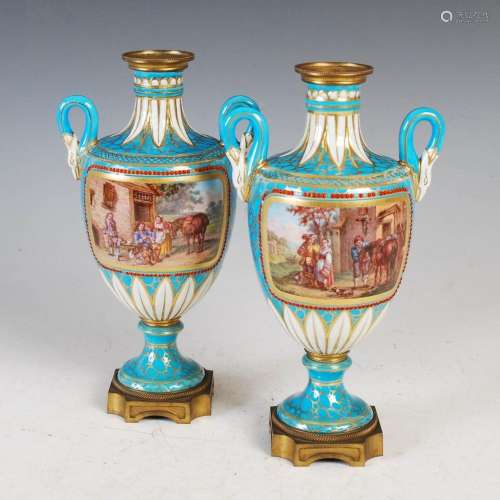 A pair of 19th century French porcelain ormolu mounted twin ...