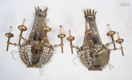 A pair of 20th century brass and crystal four-light wall app...