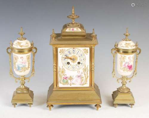 A late 19th century gilt metal and ceramic mounted clock gar...