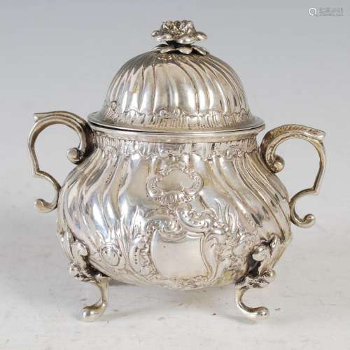 A continental white metal twin handled bowl and cover, proba...