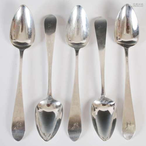 A set of five George III Irish silver dessert spoons, Dublin...