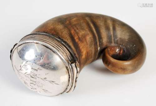 An 18th/ early 19th century white metal mounted horn snuff m...
