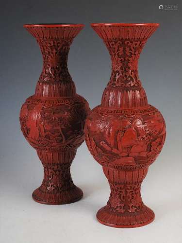 A pair of Chinese cinnabar lacquer vases, carved in shallow ...