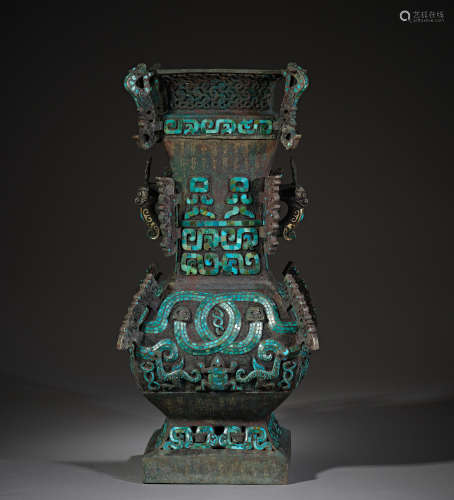 Chinese Han Dynasty bronze inlaid turquoise square vase