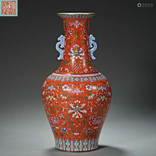 Chinese Qing Dynasty Qianlong Red Bottom Flower Pattern Amph...