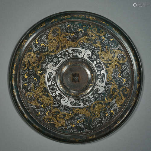 Chinese Han Dynasty gold and silver bronze mirror