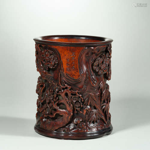 Chinese Qing Dynasty Red Sandalwood Suihan Sanyou Pen Holder