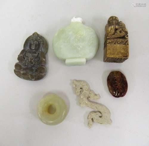 20th Century jade snuff bottle, carved soapstone scroll weig...