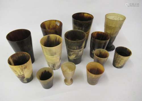 Quantity of antique horn drinking vessels including a collap...