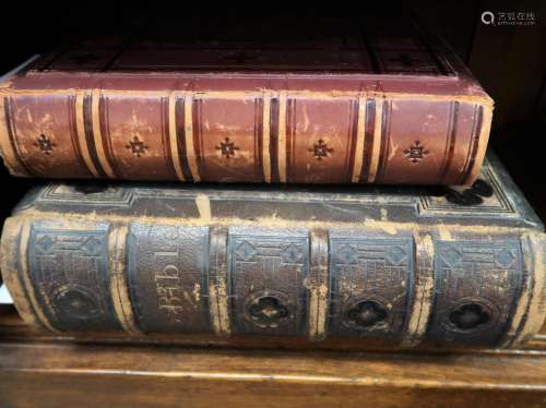 Large 19th Century leather bound family Bible and a large le...