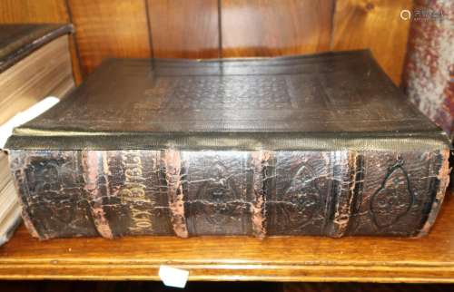 19th Century leather bound family Bible with gilt metal clas...